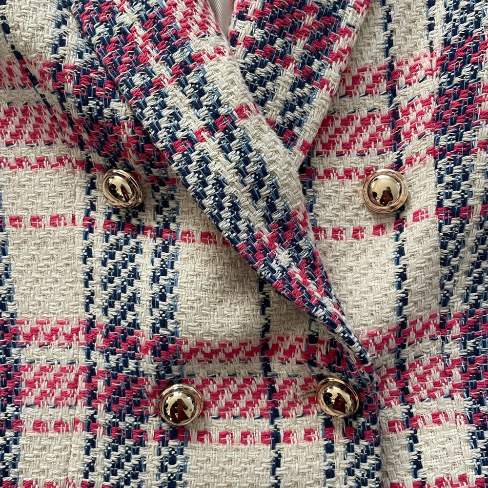 Zara Blue Pink Cream Plaid Tweed Double Breasted Blazer NWT Size XS Cropped - Picture 4 of 4